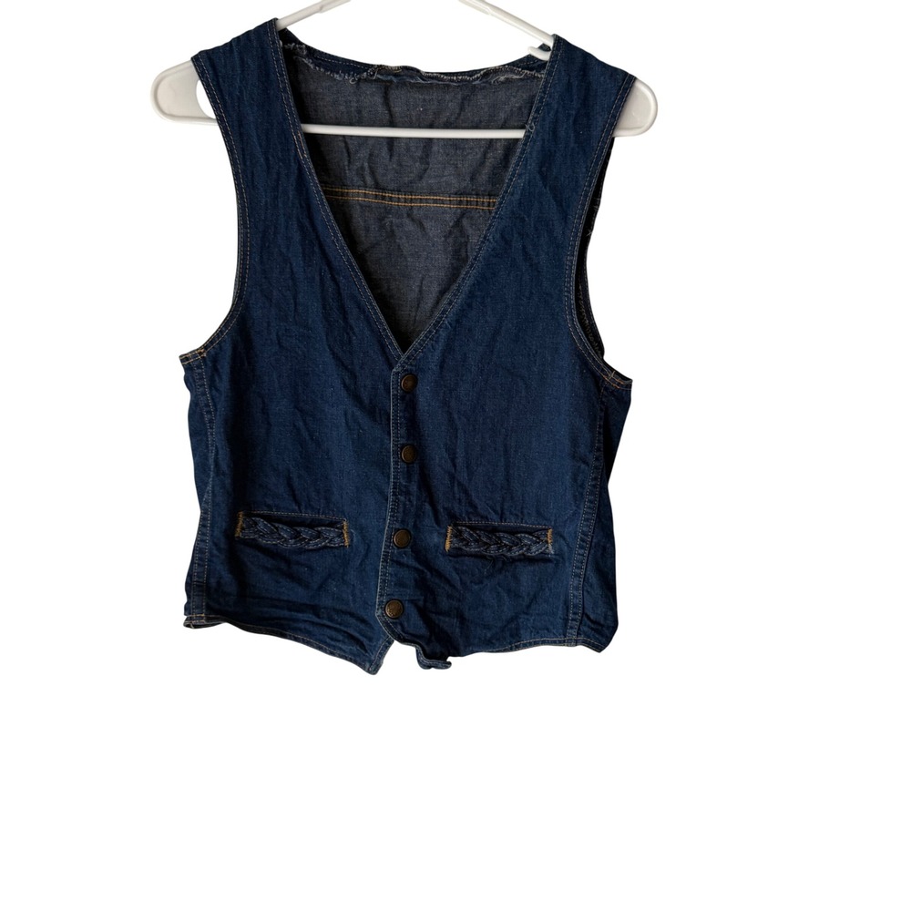 Womens Dark Wash‎ Denim Vest Sleeveless Jean Button Up Braided Pockets S Western